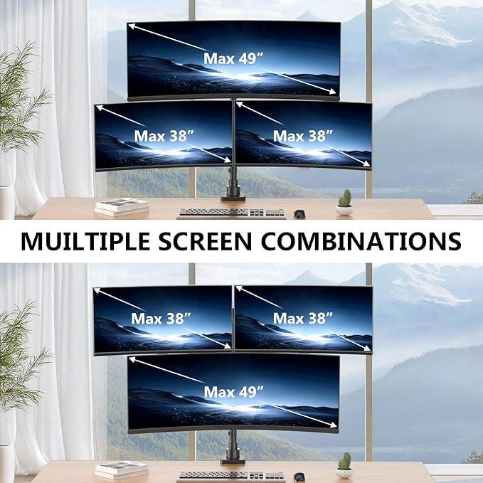WALI Triple Monitor Mount - Extra Tall 3 Monitor Desk Mount for 13-49 Inch Ultrawide Screens, Up to 44 lbs, Fully Adjustable Heavy Duty Gas Springs, VESA 75/100 mm (GSDM003-P), Black