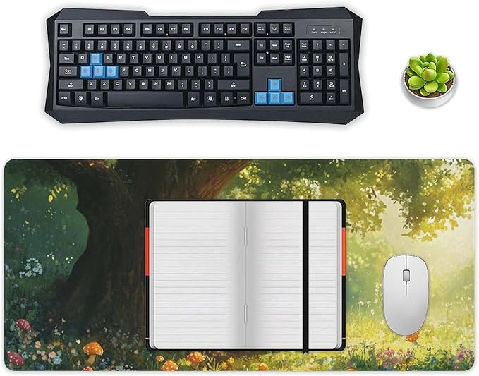 Cute Fox Mouse Pad, Large Extended Desk Mat 40×90cm (16''×36'')， Forest Animal Gaming Mousepad with Non-Slip Rubber Base, Stitched Edges, Water-Resistant for Office Home