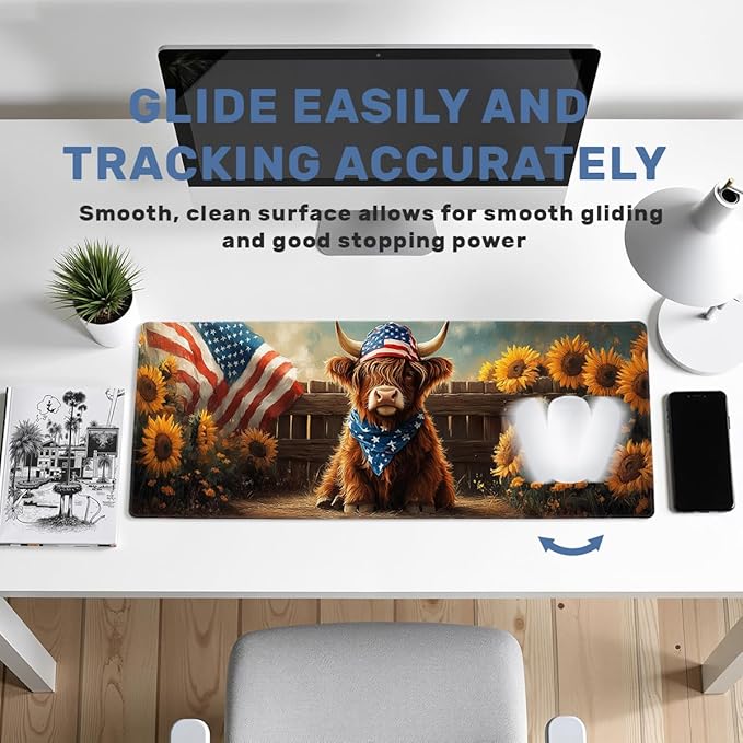 Highland Cow Desk Mat Gaming Mouse Pad Americana Farm Sunflower Mousepad Computer Keyboard Pad Mouse Mat Laptop Mat 31.5 x 11.8 Mouse Pads for Desk Home Office Gaming