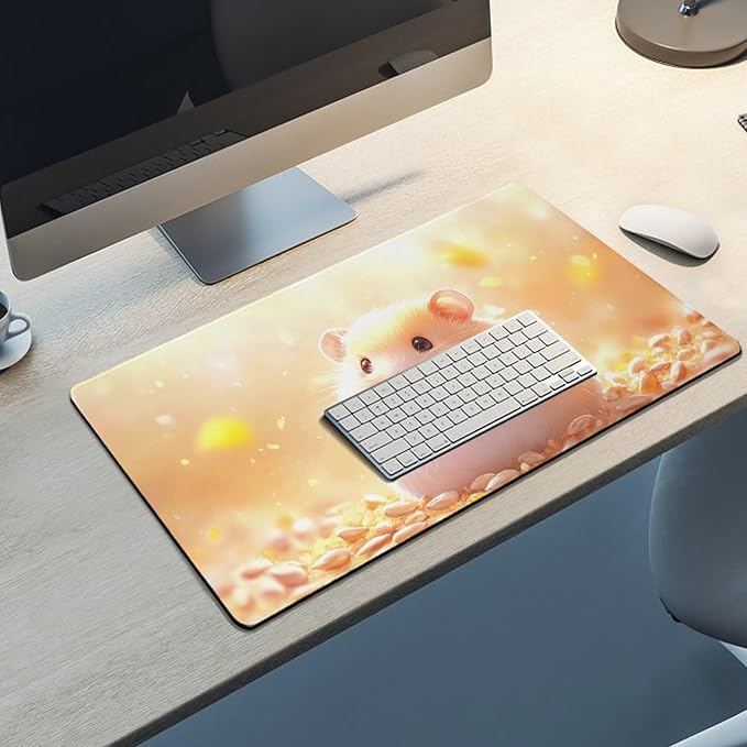 Large Ergonomic Gaming Mouse Pad Happy Hamster with Sunflower Seed - Cute Animal Theme with Non-Slip Base Water-Resistant Surface and Stitched Edges 40X75cm