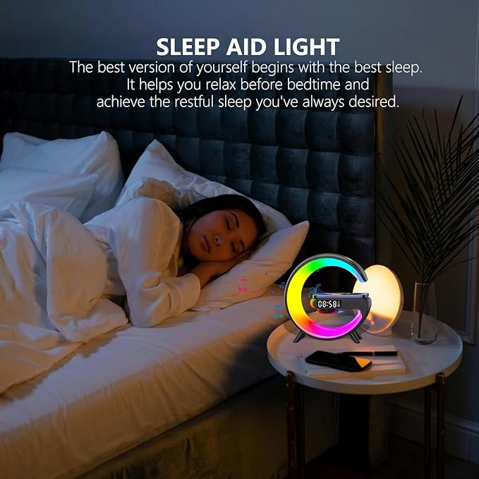 Wireless Speaker Charger Light,LED Bedside Lamp 4-in-1 Alarm Clock,Mood Light,Speaker & Wireless Charger,G-Shaped Atmosphere Lamp RGB Colour Changing Lamp for Bedroom,Birthday Gifts(Black)