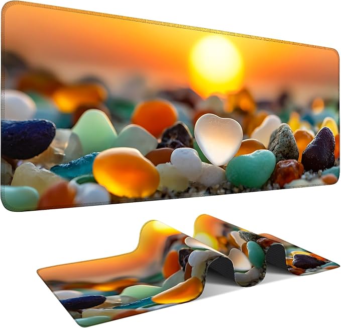 Large Mouse Pad & Keyboard Mat 35x16 Inches, Sunset Pebble Beach Landscape Non-Slip Rubber Base Desk Mat, Large Extended Desk Protector for Home Office Gaming Setup