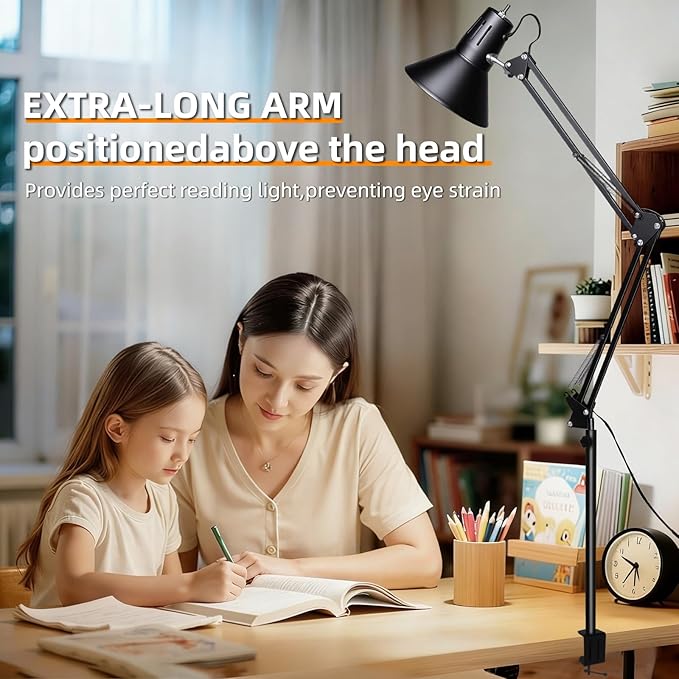 LED Desk Lamp Dimmable with Clamp, Eye-Caring Clip on Lights for Home Office, 3 Adjustable Color Temperature,Extra Tall Metal Swing Arm, High Intensity Clamp w/A19 E26 Bulb for Working Reading