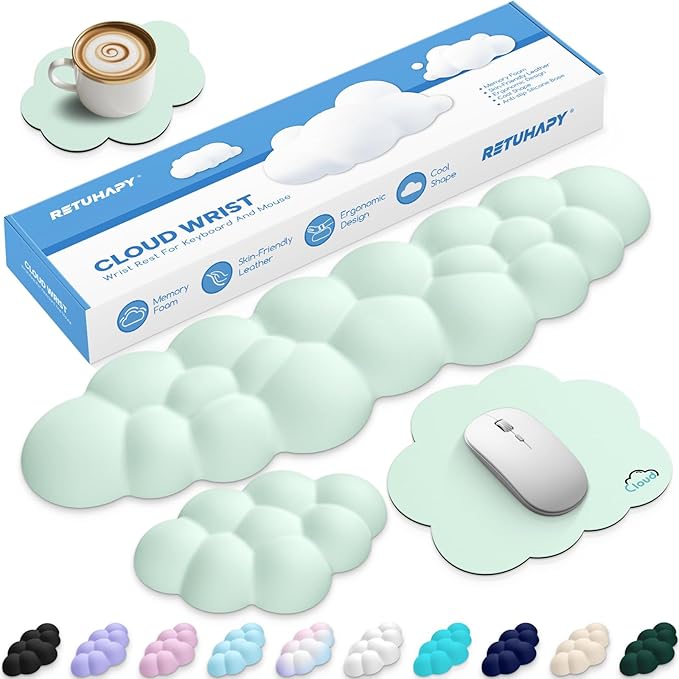 Cloud Wrist Rest Keyboard Cushion, 4-in-1 Ergonomic Cloud Keyboard Wrist Rest and Mouse Pad Set with Memory Foam Arm Support for Palm, Cute Desk Accessory for PC Gaming Setup, Light Green