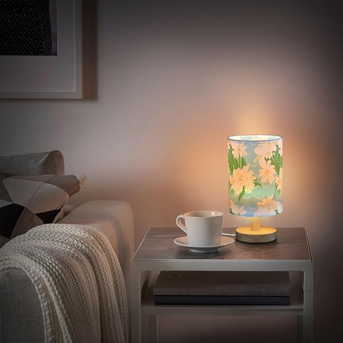 White Floral LED Table Lamp, Bedside Lamp with Linen Lampshade, Flicker-Free Eye Care USB Plug in Nightstand Lamp, for Bedroom and Office