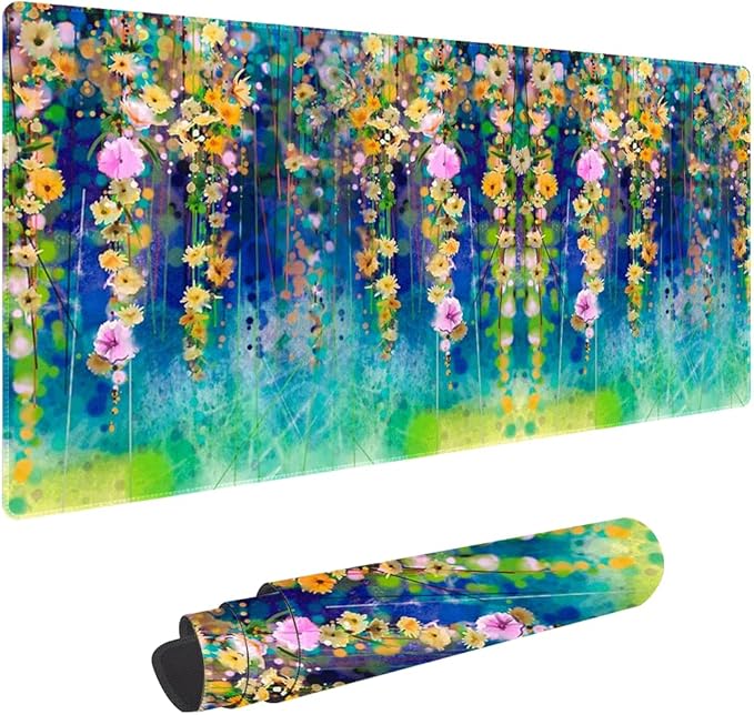 Abstract Watercolor Flowers Non-Slip Rubber Large Mouse pad for Desk,Large Gaming Mouse Pad XXL Extended Mouse pad with Stitched Edges Non-Slip Base Water Resist Pad Desk Mat 35.4x15.7inch
