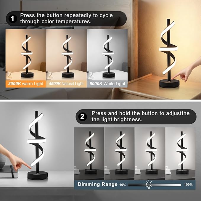 LED Modern Table Lamp, Dimmable Spiral LED Table Lamp, 3 Colors Touch Control, Modern Nightstand Lamp with USB/Type C for Bedroom Living Room