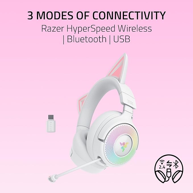 Razer Kraken Kitty V3 Pro Wireless RGB Gaming Headset: Chroma RGB Kitty Ears - 2.4 GHz, Bluetooth 5.3, USB A - Super Wideband Mic - 40mm Drivers - THX Spatial Audio - Comfortable Ear Cushions - White
