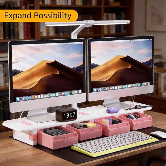 Desk Organizer and Accessories, Computer Monitor Riser Laptop Stand with Drawer Privacy Protection, Office Desk Accessories & Workspace Organizers for Office Supplies, Pink