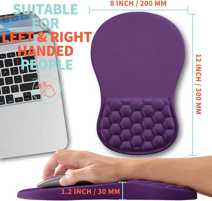 Ergonomic Mouse Pad Wrist Support with Memory Foam Massage Bulge, Carpal Tunnel Mousepad Wrist Rest for Mouse(12x8 inch, Deep Purple)