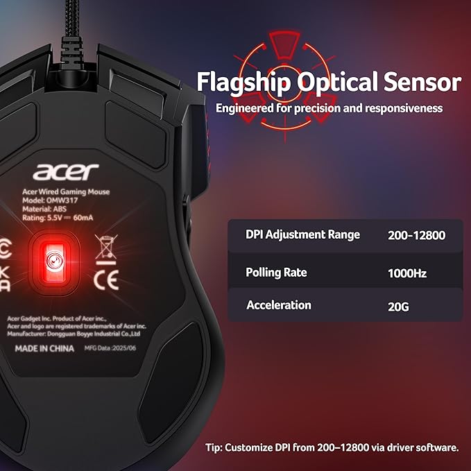 acer Wired Gaming Mouse, 12,800 DPI RGB Ergonomic Computer Mouse with Optical Sensor, 8 Programmable Buttons, 12 Backlit Modes, Software for DIY Keybinds, Rapid Fire, USB Gaming Mice for Laptop, PC