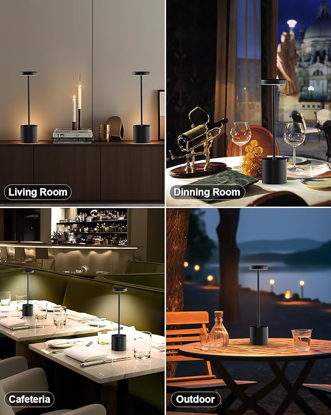 Black Cordless Table Lamp, Rechargeable 5000mAh Battery Powered Wireless Table Light, 3 Color Dimmable Lighting, Patio Outdoor Table Lamp, Bedside Night Lamp, Ambient Light for Dining