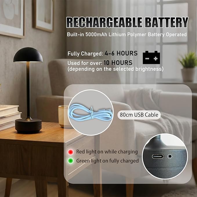 Cordless Table Lamp Rechargeable - LED Table Light Outdoor - 5000mAh Battery Operated Portable Touch Dimmable Lamps for Restaurant Patio Dining Room (Black-1)