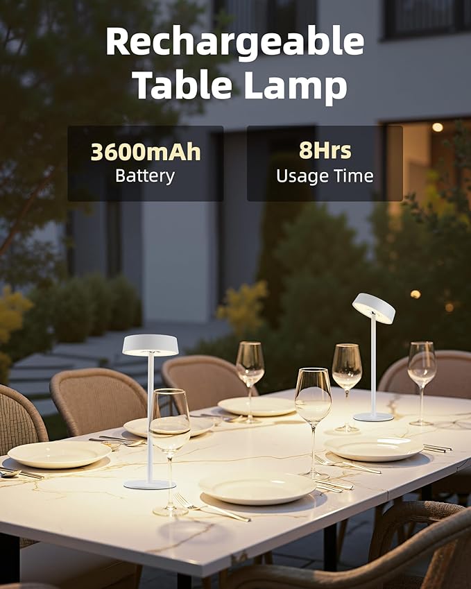Cordless Lamp, RGB, Outdoor Waterproof, Dimmable Touch Control 3 Color Temperature, Battery Operated Portable, LED Memory Function, Rechargeable Table Lamp, Patio Dinning Restaurant Kitchen 2P White