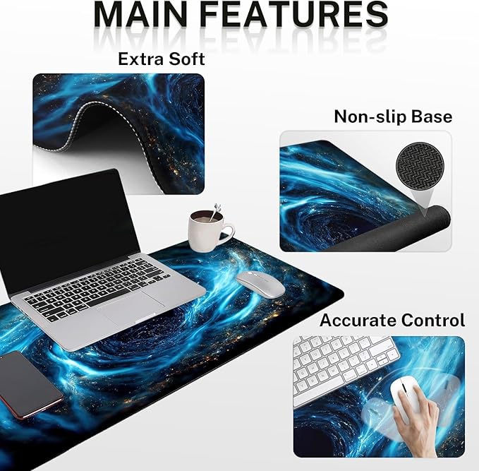 Britimes Blue Black Galaxy Keyboard Mouse Pad Set Desk Ma Space Abstract 4in1 Large Mousepad+Keyboard Wrist Rest+Mouse Wrist Rest+Coaster Ergonomic Design for Home Office Computer 35.4x15.7 inches