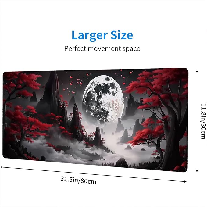 Red Moon - Extended Gaming Mouse Pad Mat with Stitched Edge Non-Slip Base - 31.5"x11.8" for Office, Home and Laptop