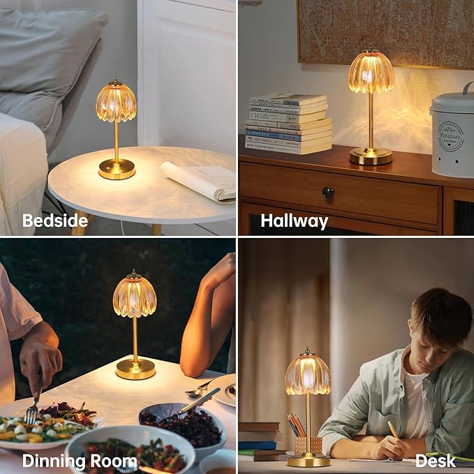 Tulip Table Lamp with 5000mAh Battery & Touch Control, Cordless Table Lamp with 3 Colors, Dimmable Rechargeable Table Lamps for Bedroom, Nightstands, Living Room, Entryways (Amber Tulip)