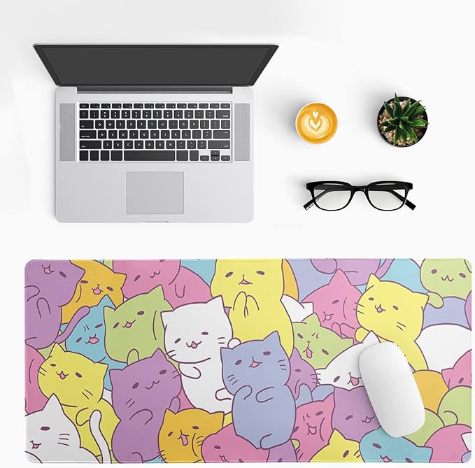 Kawaii Cats Gaming Mouse Pad, Extended Large Mouse Mat Desk Pad, Big Computer Keyboard Desk Pad, Stitched Edges Mousepad, 3mm Thick Long Non-Slip Rubber Base Mice Pad, 31.5 X 11.8 Inch1