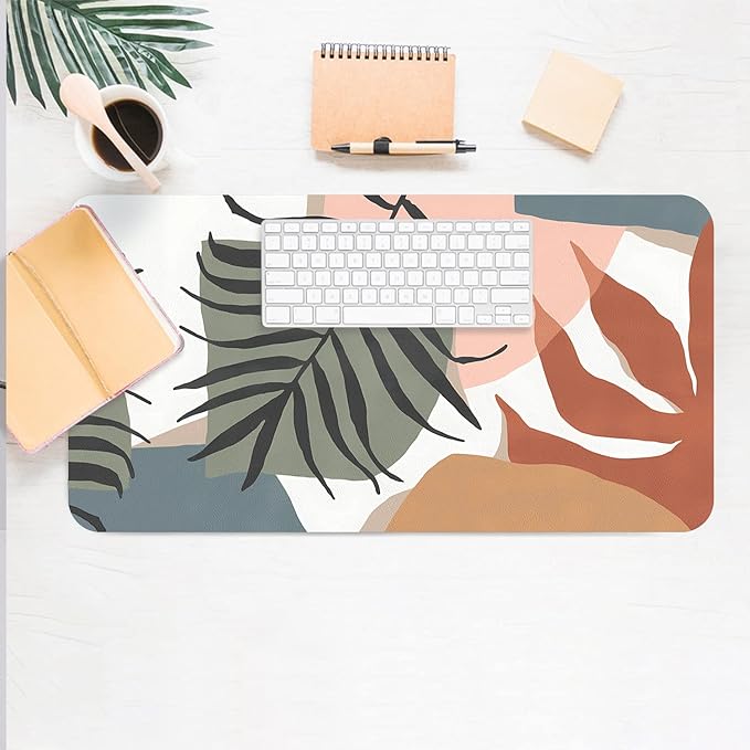 Desk Mat Large Protector Pad 27.5" ×13.8", Non-Slip PU Leather Desk Blotter, Waterproof Mouse Pad for Office Home Abstract Leaf