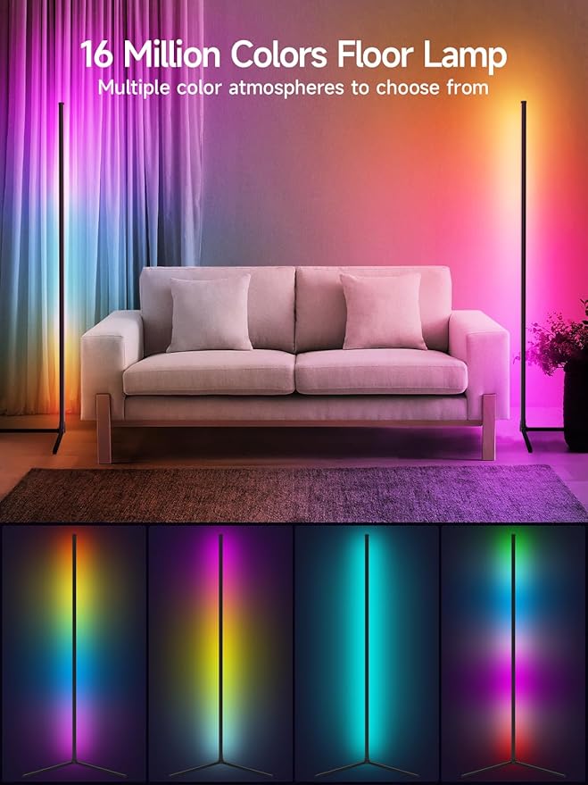 Floor Lamp, RGB LED Corner Lamp with Music Sync, Smart App and Remote Control Color Changing Ambience Light, 16 Million Colors Standing Lamp for Bedroom Living Room Gaming Room (2pcs)
