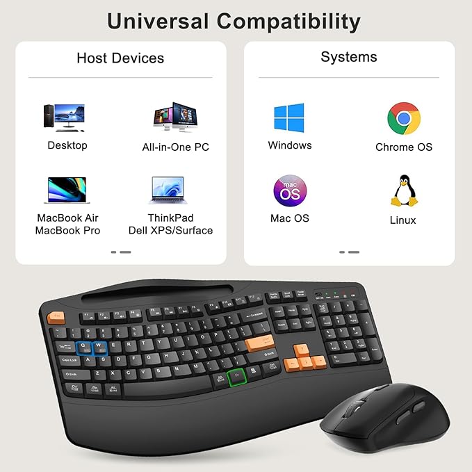 Wireless Keyboard and Mouse Combo, 2.4G Full Size Wave Keys Ergonomic Keyboard with Wrist Rest, Phone Holder, 3-Level DPI Wireless Silent Mouse with 6-Buttons, for Windows, Mac OS (Orange Black)