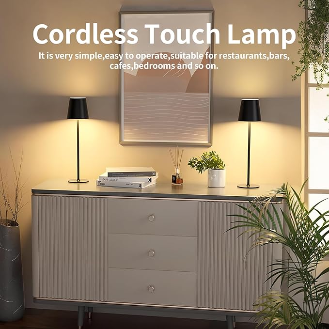 Pack of 2 Dimmable LED Battery Table Lamps, Touch Wireless Table Lamp with USB-C, Metal LED Rechargeable Battery Table Lamp for Outdoor and Indoor, Aluminium, IP44 Waterproof, 5600 mAh, 5 W, Black