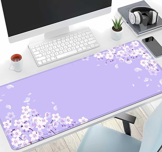 IMAYONDIA Sakura Japanese Desk Mat, Cherry Blossom Large Gaming Mouse Pad, Elegant Floral Mousepad for Women, Purple Flowers Aesthetic Desk Pad for Work Decor, Game, Office, 31.5x11.8