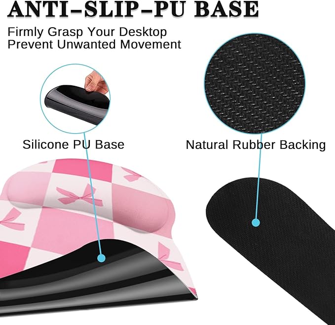 Arttown Pink Bow Checkered Desk Mat Cute Retro Kawaii Mouse Pad Set 4 in 1 Ergonomic Design Large Mouse Pad + Keyboard Wrist Rest + Mouse Wrist Rest + Coaster Suitable for Home Office Study Game