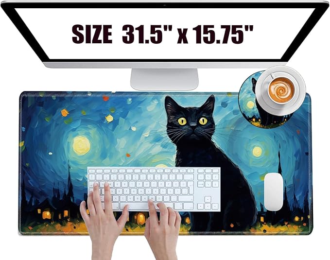 Large Mouse Pad Gaming Desk Mat Black Cat Mousepad XXL 31.5''X15.75'' Desk Pad Extended Mouse Mat of Girl Desktop Computer with Coaster