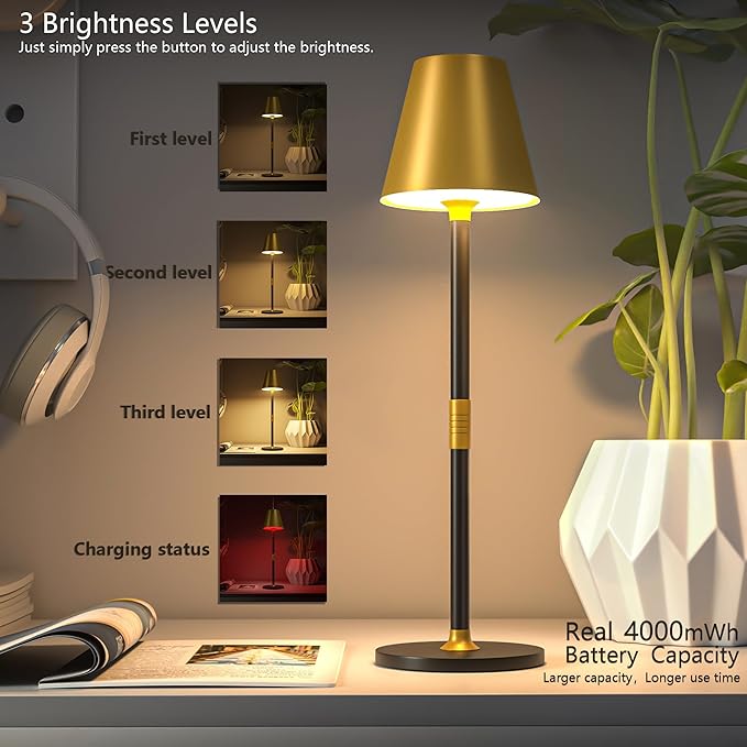 1-Pack Cordless Table Lamps - 5000mAh Rechargeable Battery Operated Desk Lamp, 3-Level Dimmable LED Night Light for Bedroom, Dining, Restaurant - Metal Design(Gold&Black-1Pack)
