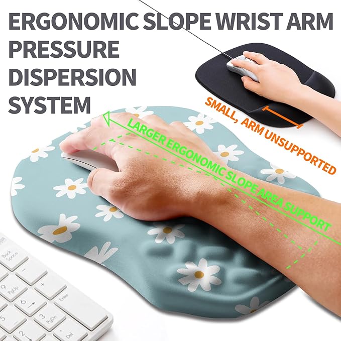 Ergonomic Slope Mouse Pad Wrist Support, Wrist Rest Mousepad for Carpal Tunnel with Massage Bulge and Slow Rebound Memory Foam (12x8 inch, White Flowers)