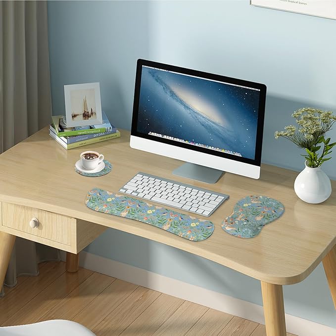Mouse Pad Wrist Rest Support Keyboard Set Circle Coaster Gaming Mouse Pad Ergonomic Gel Memory Foam Set for Computer, Laptop, Office, Comfortably Typing Rabbit KM-40