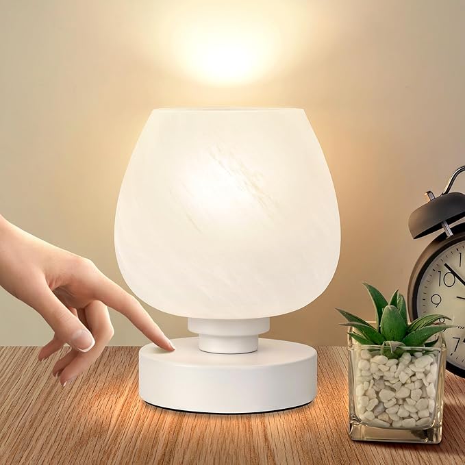 Soilsiu Bedside Table Lamp - Touch Small Lamp for Bedroom Nightstand, 3-Way Dimmable, White Opal Glass Shade, Warm LED Bulb Included