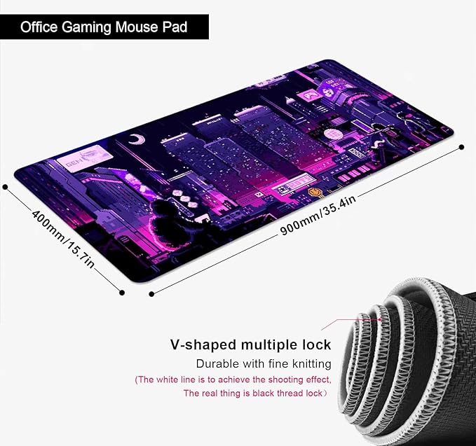 Purple Japanese Anime Large Gaming Mouse Pad for Desk, Retro Vaporwave Mousepad, Tokyo Street Pixel Art Desk Pads, Computer Mouse Pad XL Big, Skyline City Desk Mat, 35.4 x 15.7 in