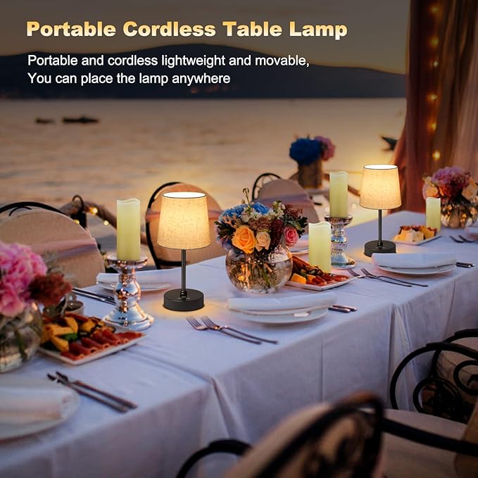 Small Cordless Table Lamp,5000mAh Rechargeable Battery Operated Desk Lamp,3 Colors & 7 RGB Stepless Dimmable, Portable Touch Wireless Lamp for Bedroom,Dining Table,Restaurant 2 Pack (Flaxen)