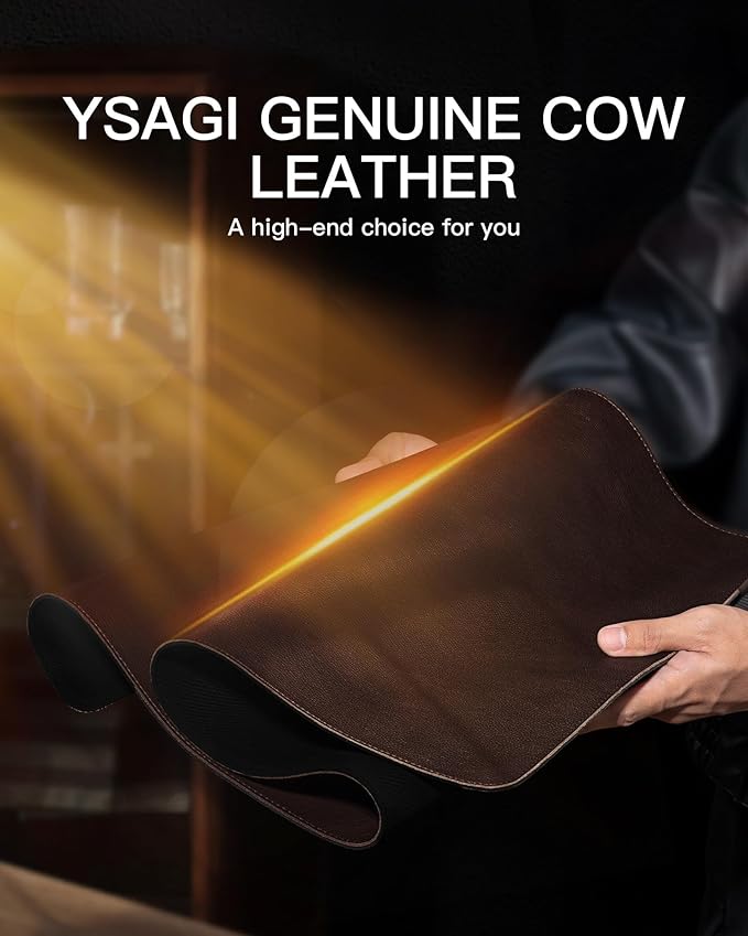 YSAGi Genuine Leather Desk Mat, 23.6"x13.8" Office Desk Pad, Thick Desk Pad Mat with Stitched Line, Non-Slip Desk Mat with Rubber Base (Dark Brown, 23.6"x13.8")