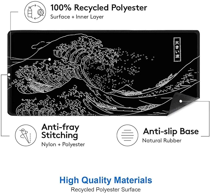 IMAYONDIA Japanese Great Wave Large Mouse Pad (35.4x15.7 in), Black Gaming Mouse Pad Anime XXL, Extended Kanagawa Mouse Mat Desk Pad, Non-Slip Rubber Base Long Computer Mice Pad