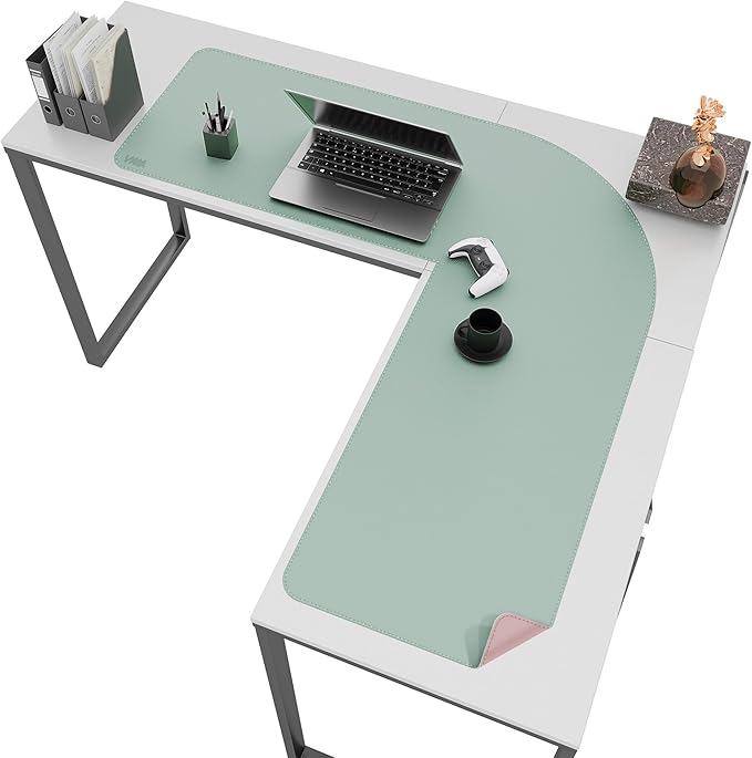 Vyaaa L-Shaped Leather Desk Pad, Two Tone Gaming Mouse Pad for Corner Desk Mat, Office and Home, 43 x 43 x 15.7 Inch, Pink and Green