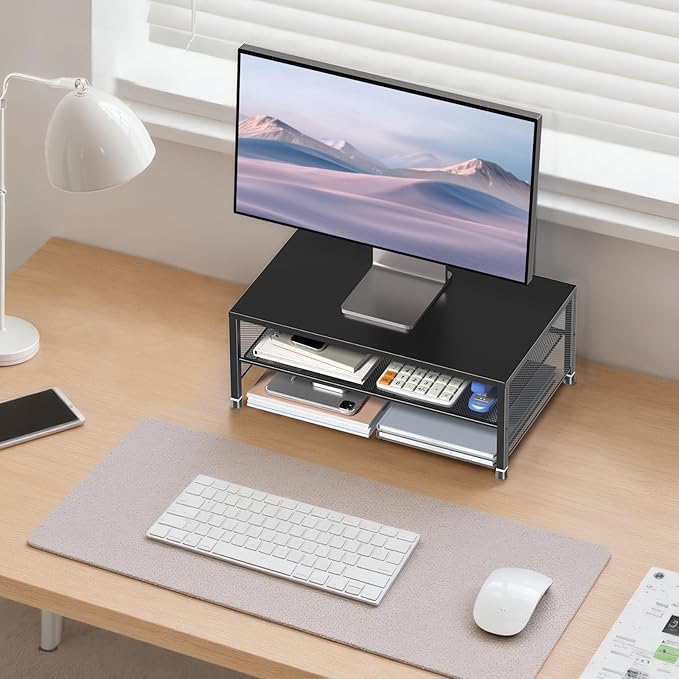 2-Tier Computer Monitor Stand Riser, Desk Organizer for Monitor, Printer & Laptop Stand, Desktop Workspace Organizers for Office Supplies(Black 2-Pack)