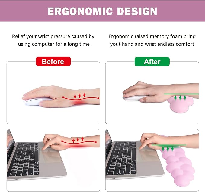 Cloud Keyboard Wrist Rest Pad Set, Enlarge PU Leather Memory Foam Cushion Support, Easy Typing, Mouse Rest Pad, Non-Slip Support for Home, Office, Pink