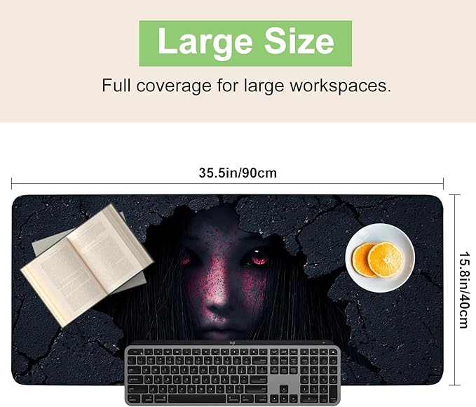 Desk Mat, XXL Extended Gaming Pad for Desktop, 35x16 Inches Horror Theme Figure Breaking Through Wall, Large Non-Slip Vegan Leather Surface with Stitched Edges, Keyboard Mouse Mat for Home Office