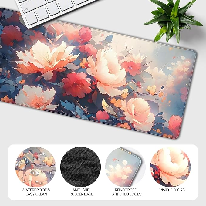 XXL Large Gaming Mouse Pad, 35.4 x 15.7 inches, with Non Slip Rubber Base, Extended Keyboard Pad for Home Computer Office Workstations, Large Laptop Mouse Pads Vintage Flowers
