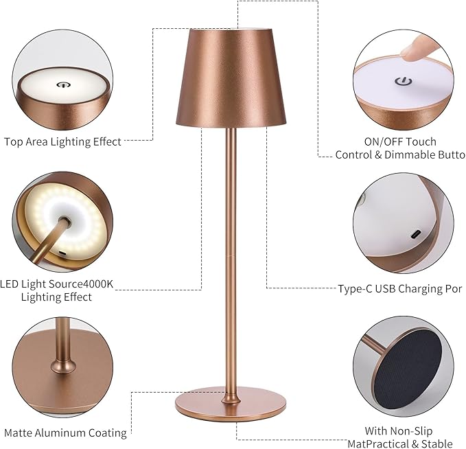 2Pack Cordless Table Lamps USB Rechargeable Simplicity Desk Lamp Built-in 4600 mAh Battery LED Battery Operated lamp with Touch Control Table lamp - Bedroom/Desk/Reading/Patio(Brown)
