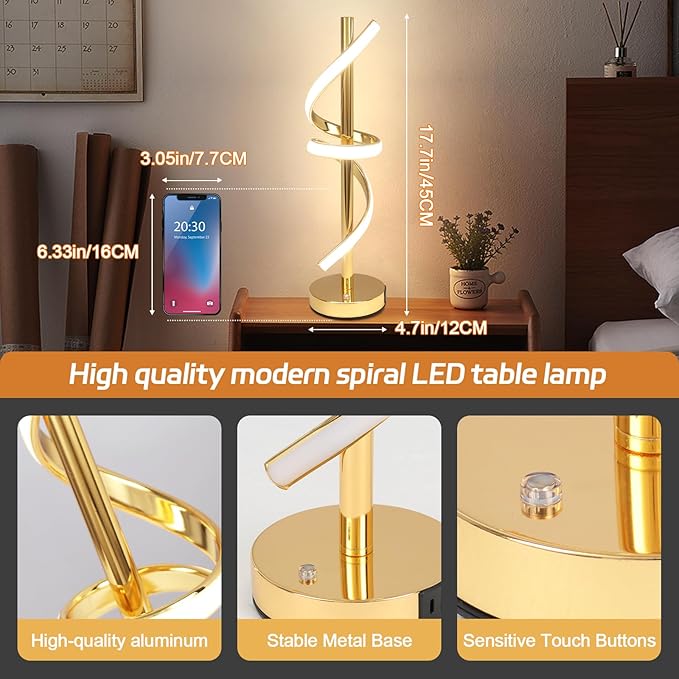 LED Modern Table Lamp, Dimmable Spiral LED Table Lamp, 3 Colors Touch Control, Modern Nightstand Lamp with USB/Type C for Bedroom Living Room