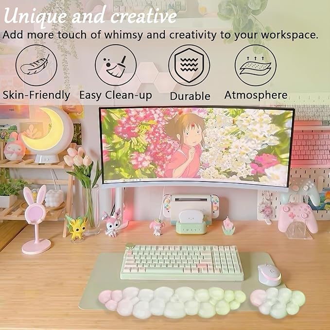Cloud Keyboard and Mouse Wrist Rest Set Gel Keyboard Wrist Rest for Computer Transparent Ergonomic Mouse Wrist Pad Silicone Non-Slip Cute Clear Wrist Pad Support for Gaming Typing 68%/75% Yellow Pink