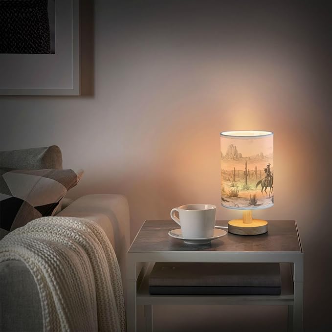 Western Cowboy Bedside Table Lamp for Bedroom Nightstand, Small Eye Care LED Desk Reading Lamp USB Port Wood Base Round Flaxen Fabric Shade for for Kids Room Living Room Office Desk