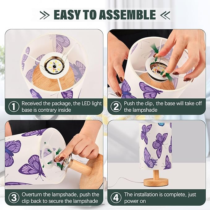 Purple Butterfly LED Table Lamp, Bedside Lamp with Linen Lampshade, Flicker-Free Eye Care USB Plug in Nightstand Lamp, for Bedroom and Office