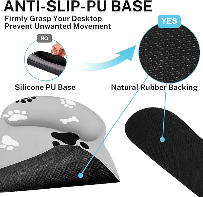 Britimes Ergonomic Mouse Pad Set with Wrist Rest Gray Paw Print Non-Slip Rubber Base Wrist Cushion Support and Coasters Mousepad with Wrist Support for Computer Keyboard and Desk