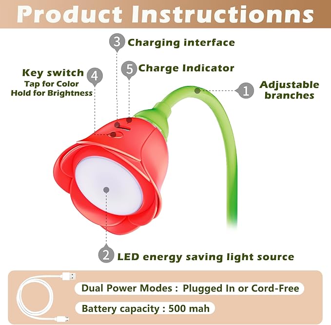 Rose Flower Lamp Rechargeable Reading Light for Bed,3-Color Modes Adjustable Brightness Small Night Light Neck Reading Light,Festival Gifts for Kids Mom Girlfriend Grandma(Red)