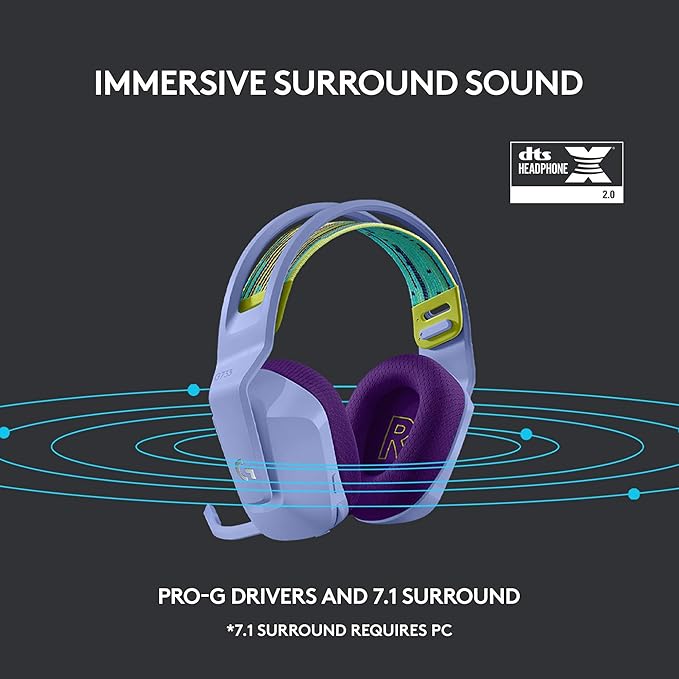 Logitech G733 Lightspeed Wireless Gaming Headset with Suspension Headband, LIGHTSYNC RGB, Blue VO!CE mic Technology and PRO-G Audio Drivers - Lilac